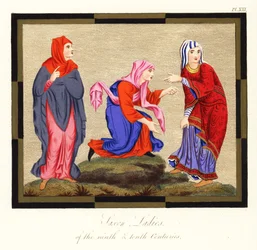 Costumes des femmes anglo-saxonnes, IXe et Xe siècles (gravure)
