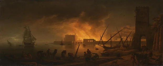 Incendie nocturne dans un port maritime, 1748