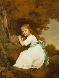 Portrait de Miss Bentley, assise en longueur, portant une robe blanche, tenant un lapin dans un paysage, vers 1781