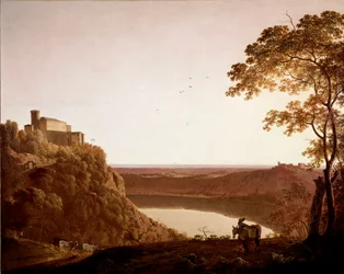 Vue du lac de Nemi au crépuscule. Peinture de Joseph Wright dit Wright of Derby