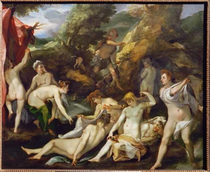 Diane et ses compagnes surprises par Aktaion, transformé en cerf tué par ses propres chiens (peinture sur cuivre)