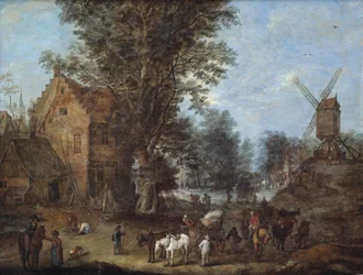 Scène de village avec des voyageurs, des charretiers et de nombreux autres personnages dans leurs activités quotidiennes