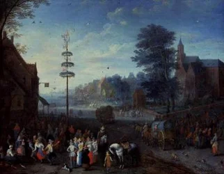 Kermesse de village avec des villageois dansant autour d