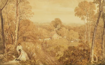 Paysage boisé avec cottages et paysannes, Hurley, Berks, 1818