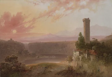 Vue du lac de Nemi au coucher du soleil