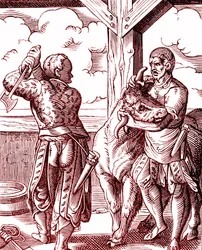 Un boucher - Nourriture et cuisine au Moyen Âge. Gravure de Jost Amman (1539-1591). Gravure de 1878