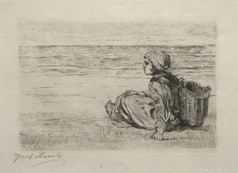 Fille avec panier assise sur le rivage