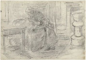 Intérieur avec une femme faisant des travaux manuels et un enfant