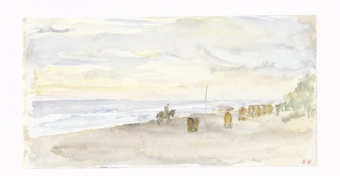Vue de plage avec cavalier et chaises de plage