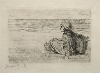 Fille avec panier assise sur le rivage