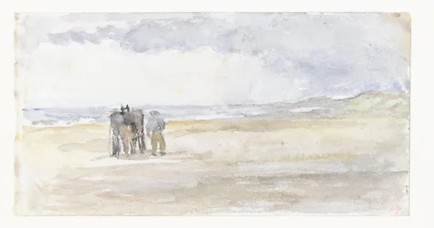 Homme avec cheval et chariot sur la plage