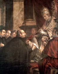 Saint Ignace recevant du pape Paul III la bulle pontificale de fondation de la Compagnie de Jésus (Jésuites)