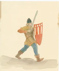 Un soldat médiéval portant une longue épée dans sa main droite et un bouclier dans sa main gauche, 2004