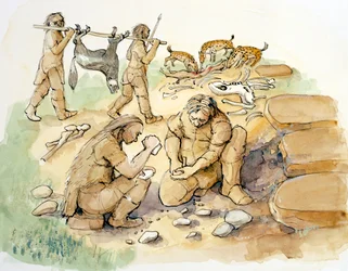 Glaston. Hominidés et hyènes, Paléolithique moyen à supérieur (30000 BP), 2001 (aquarelle sur papier)