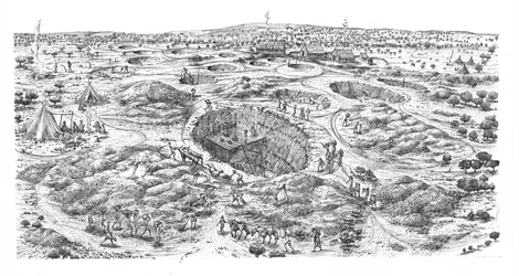 Exploitation néolithique de silex à Easton Down, Wiltshire (plume et encre sur papier)