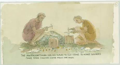 Deux personnages taillant des pierres pour le mosaïste