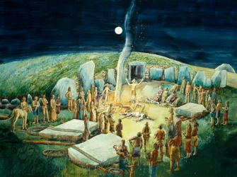 West Kennet Long Barrow, reconstruction néolithique (aquarelle sur papier)