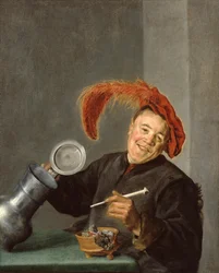 Homme joyeux tenant une cruche en étain et une pipe