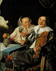 La joyeuse compagnie : un violoniste et une femme lui servent un verre de vin, tous deux ivres. Peinture de Judith Leyster (1609-1660)
