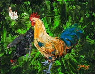 Un coq et des poules colorés