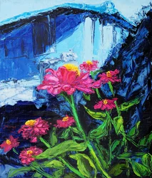 Zinnias roses sur fond bleu