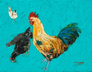 Un coq et des poules aux couleurs vives