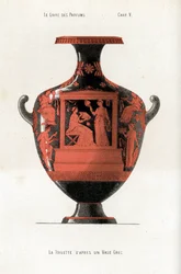 Vase grec décorant une femme à sa toilette