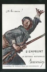 Carte postale, satirique en couleurs : Guerre de 14-18, Emprunt, Journées patriotiques - Illustration de soldats par Abel Faivre