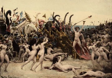 Bacchus (Dionysos, Bacco) et son armée attaquant l