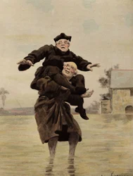 Frère Adam Couscoil portant Frère Ian (Jan) Dodin sur son épaule. Pantagruel. Illustration de Jules Garnier. Dans "Rabelais et l