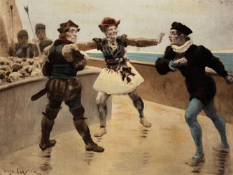 Dispute entre Panurge (à droite) et Dindenaut (Dindenault), marchand de Taillbourg, lui refusant son épée. Pantagruel. Illustration de Jules Garnier. Dans "Rabelais et l