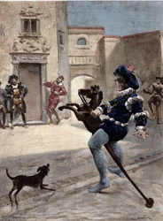 Gargantua chevauchant un cheval de bois dans la rue. Gargantua. Illustration de Jules Garnier. Dans "Rabelais et l