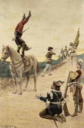 Gymnaste exécutant des cabrioles sur son cheval, ce qui fait fuir les soldats de Tripet. Gargantua. Illustration de Jules Garnier. Dans "Rabelais et l