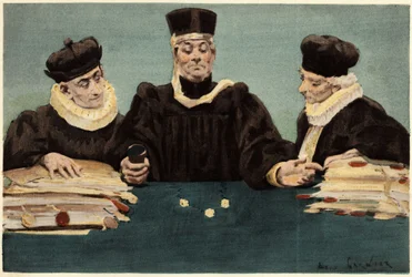Le juge Bridoye rend justice en en lançant. Pantagruel. Illustration de Jules Garnier. Dans "Rabelais et l