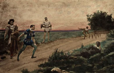 Hommes jouant au bowling. Gargantua. Illustration de Jules Garnier. Dans "Rabelais et l