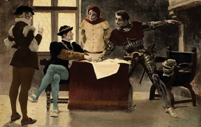 Le vieil Echephron (2e à droite) conseillant Picrochole, roi de Lerne (à droite). Gargantua. Illustration de Jules Garnier. Dans "Rabelais et l