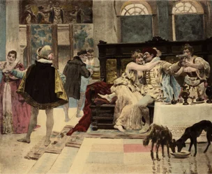 Panurge, fait par Chatelain de Salmingondin (Salmigondis) à Dipsody par Pantagruel, organisant une fête. Pantagruel. Illustration de Jules Garnier. Dans "Rabelais et l