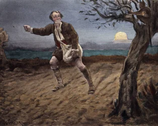 Le Diable, perché dans un arbre, parle à un paysan qui sème du chien. Pantagruel. Illustration de Jules Garnier. Dans "Rabelais et l
