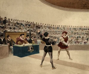 Le duel entre Panurge (de dos) et la Thaumaste anglaise. Pantagruel. Illustration de Jules Garnier. Dans "Rabelais et l