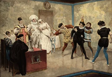 Deux hommes frappant un Chiquanous. Assistent à la scène : le boulanger Loyre et sa femme en habits de mariage (au centre), le seigneur de Basche et le curé Oudart. Pantagruel. Illustration de Jules Garnier. Dans "Rabelais et l