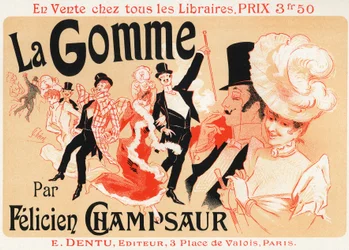 Style de vie. Bal à Paris. Affiche par Jules Chéret pour la pièce : La Gomme, par Félicien Champsaur, vers 1889