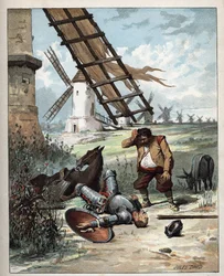 Don Quichotte et les moulins à vent - Illustration de Jules David (1808-1892) tirée de Histoire de Don Quichotte (Don Quichotte) - 1887 - par Miguel de Cervantes Saavedra (1547-1616)