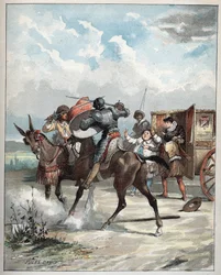 Don Quichotte attaquant son ennemi - Don Quichotte, sur son cheval, se précipite sur son ennemi - Illustration de Jules David (1808-1892) de "Histoire de Don Quichotte" - 1887 - par Miguel de Cervantes Saavedra (1547-1616)