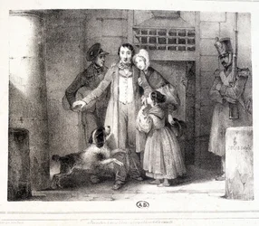Homme quittant la prison et retrouvé avec sa famille, vers 1830.