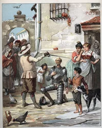 Don Quichotte devenant chevalier - Illustration de Jules David (1808-1892) dans Histoire de Don Quichotte - 1887 - par Miguel de Cervantes Saavedra (1547-1616)