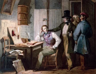 Étude. Un étudiant studieux à son bureau reste au travail pendant que ses amis sortent. Gravure en couleur de Jules David (19e siècle). Paris, Musée Carnavalet