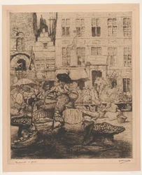 Vue de la ville avec marché aux fruits à Gand