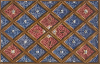 Design pour un plafond à caissons avec initiales peintes : SRI, 1840-97. Créateurs : Jules-Edmond-Charles Lachaise, Eugène-Pierre Gourdet