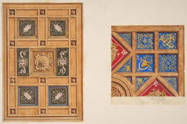 Deux dessins pour plafond à panneaux avec décoration peinte, 19ème siècle