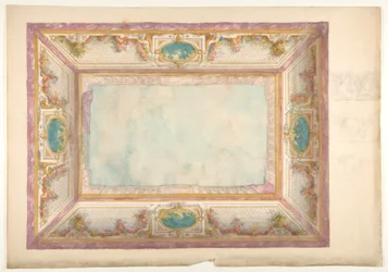 Conception pour un plafond avec une balustrade et des putti en trompe-l